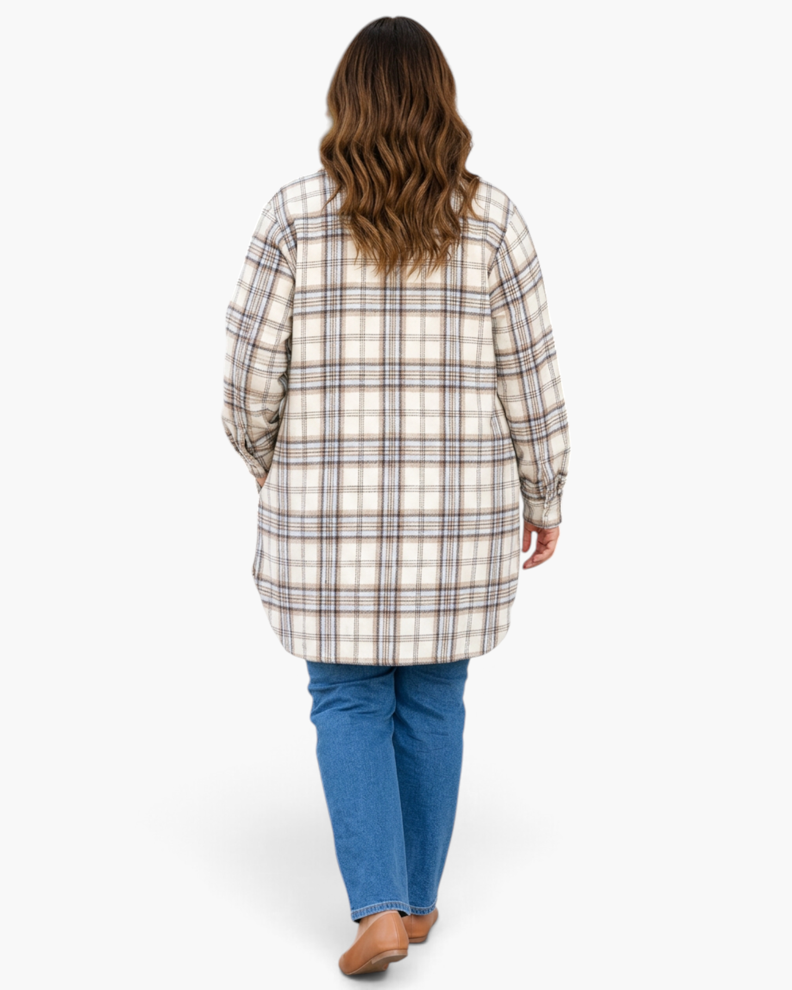 Beach Rose Co. plus-size cream and taupe plaid longline shacket with a curved hem worn over blue jeans, back view.