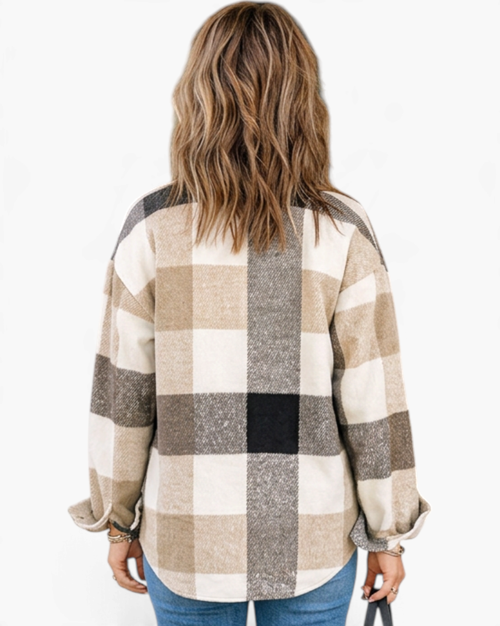 Beach Rose Co. taupe and cream plaid shacket with dropped shoulders and curved hem viewed from the back