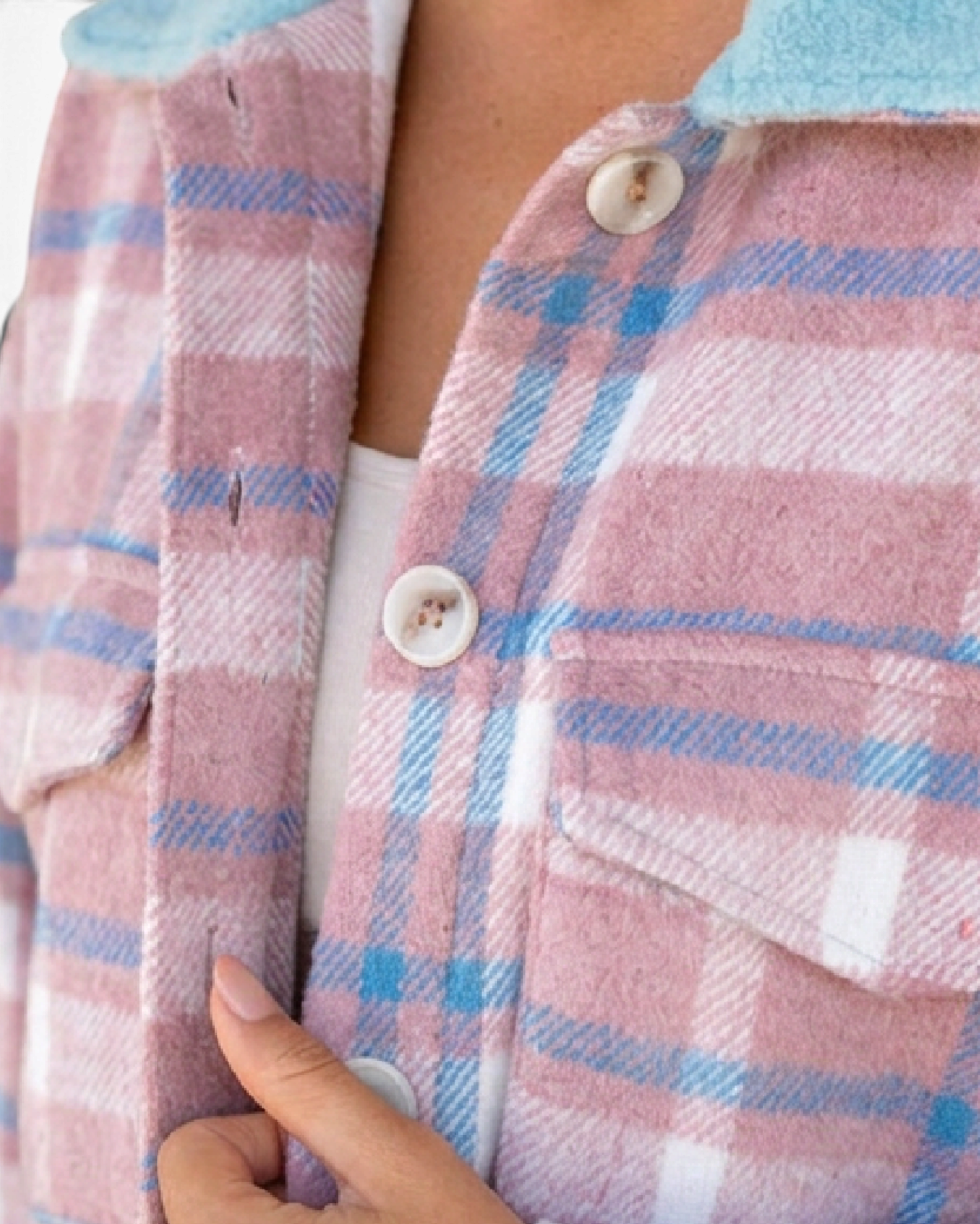 Beach Rose Co. pink and blue plaid shacket featuring a soft sherpa collar and button-front closure.