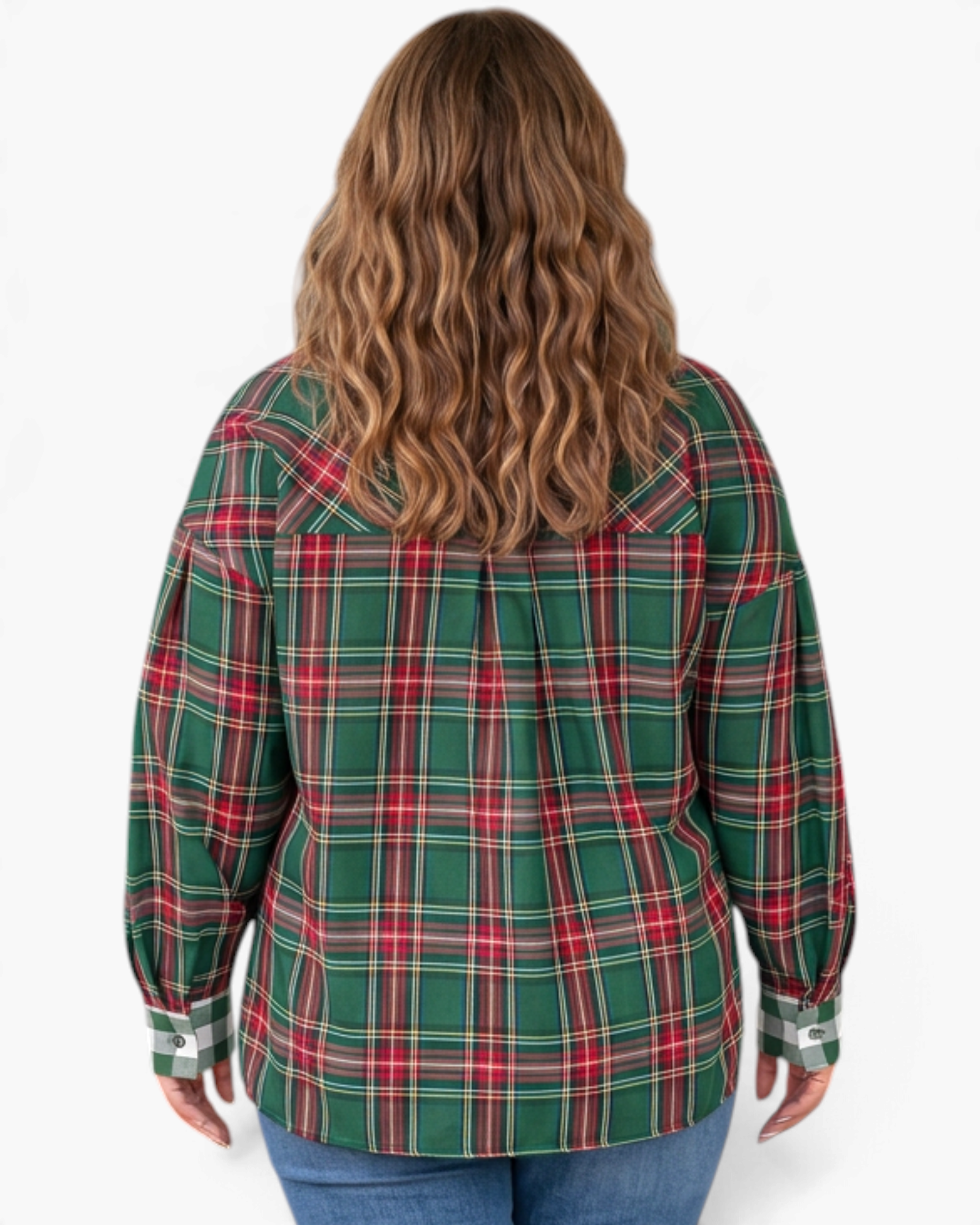 Beach Rose Co. plus size green and red plaid shirt with back pleat detail worn by a woman with wavy hair