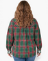 Beach Rose Co. plus size green and red plaid shirt with back pleat detail worn by a woman with wavy hair