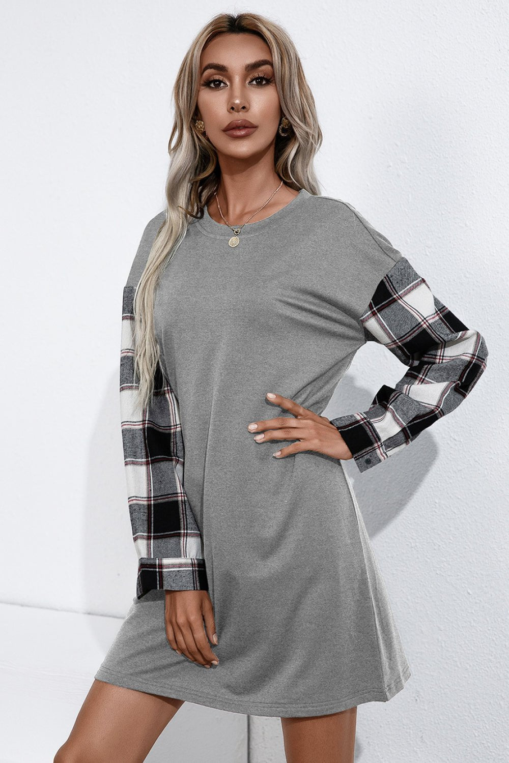 Beach Rose Co. - Plaid Sleeve Contrast Mini T-Shirt Dress