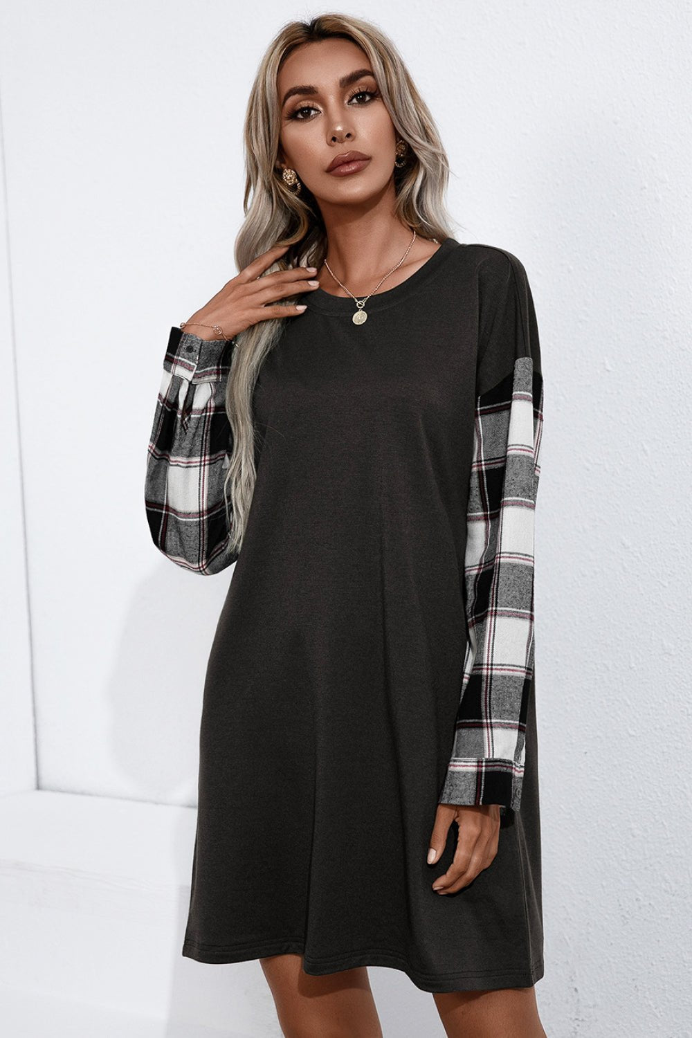 Beach Rose Co. - Plaid Sleeve Contrast Mini T-Shirt Dress