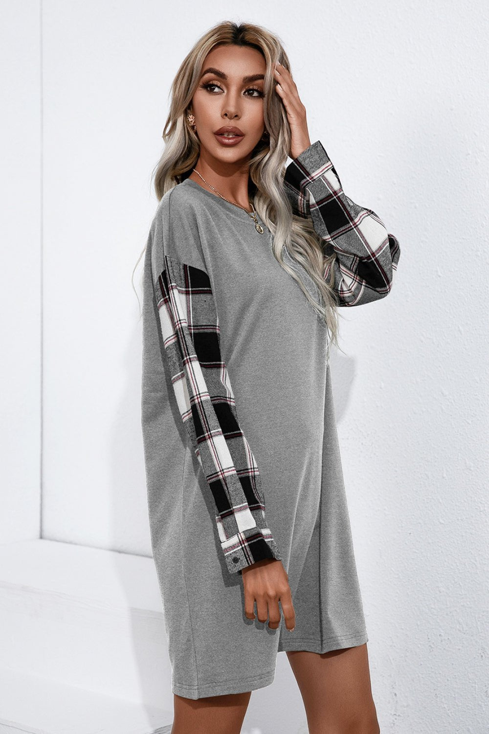 Beach Rose Co. - Plaid Sleeve Contrast Mini T-Shirt Dress