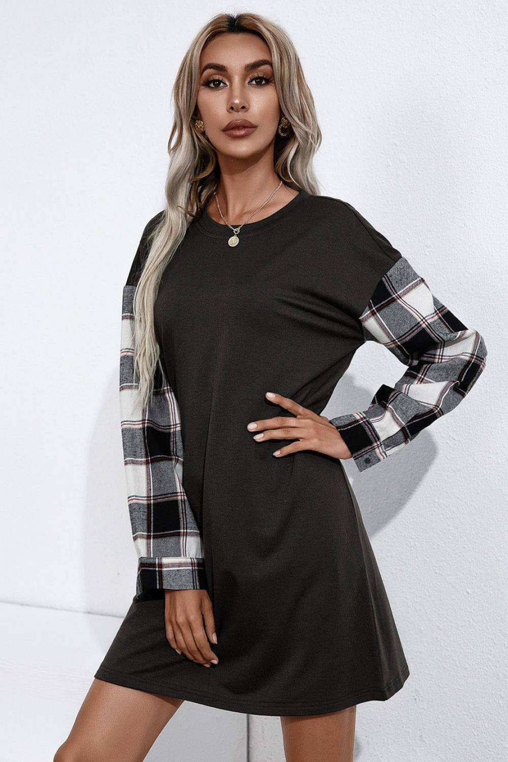 Beach Rose Co. - Plaid Sleeve Contrast Mini T-Shirt Dress