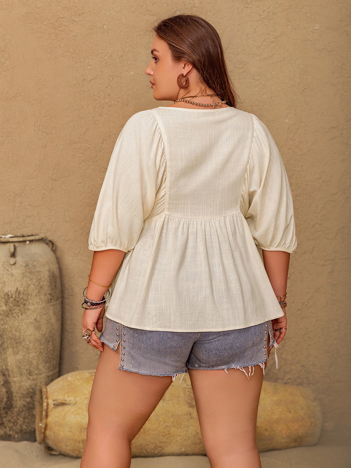 Beach Rose Co. - Plus Size Babydoll V - Neck Half Sleeve Blouse in Cream