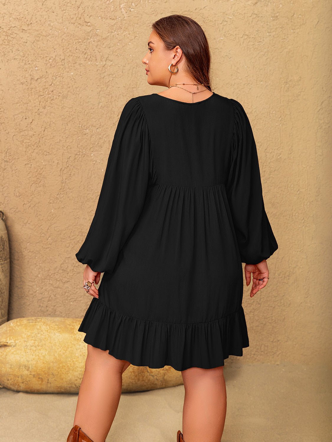 Beach Rose Co. - Plus Size Black Embroidered Babydoll Mini Dress