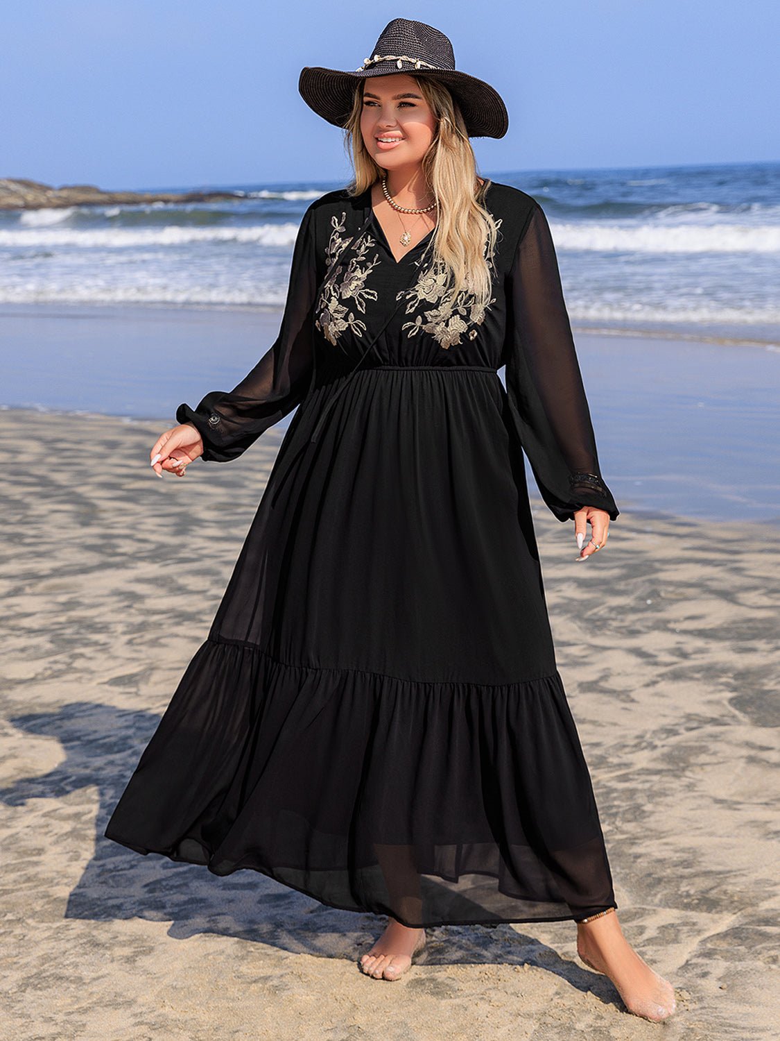 Beach Rose Co. - Plus Size Black Embroidered Long Sleeve Maxi Dress