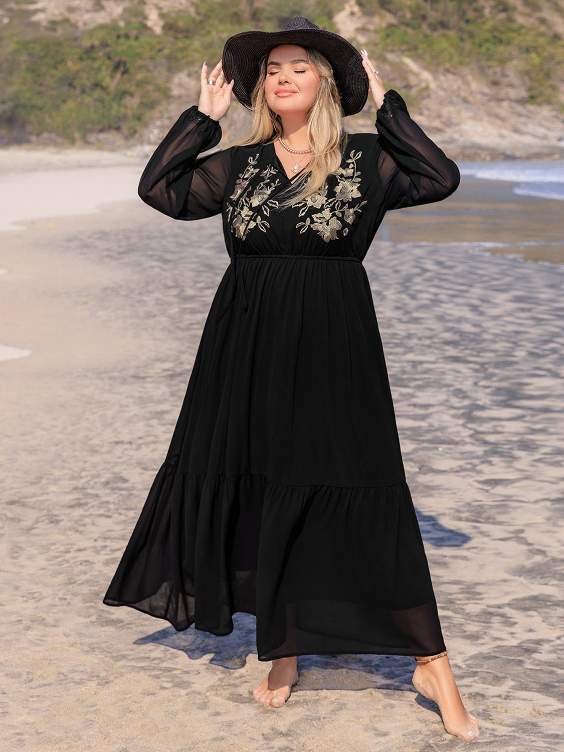 Beach Rose Co. - Plus Size Black Embroidered Long Sleeve Maxi Dress