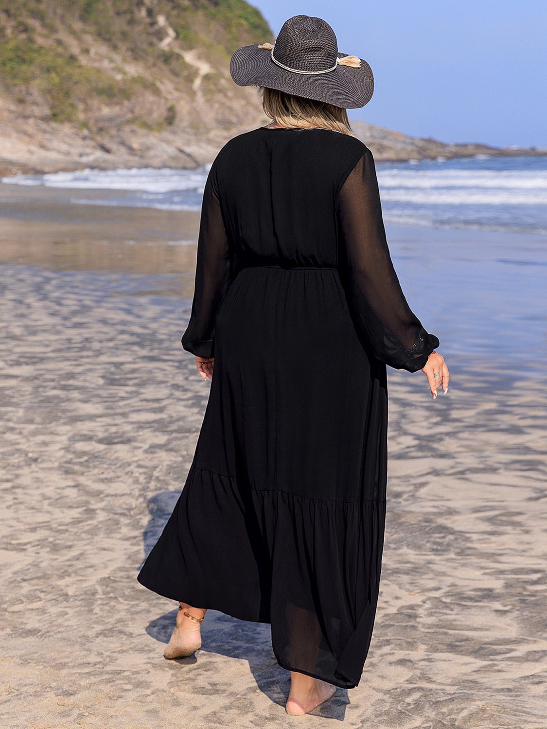 Beach Rose Co. - Plus Size Black Embroidered Long Sleeve Maxi Dress