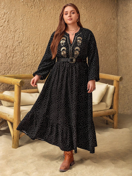 Beach Rose Co. - Plus Size Black Embroidered Polka Dot Long Sleeve Maxi Dress