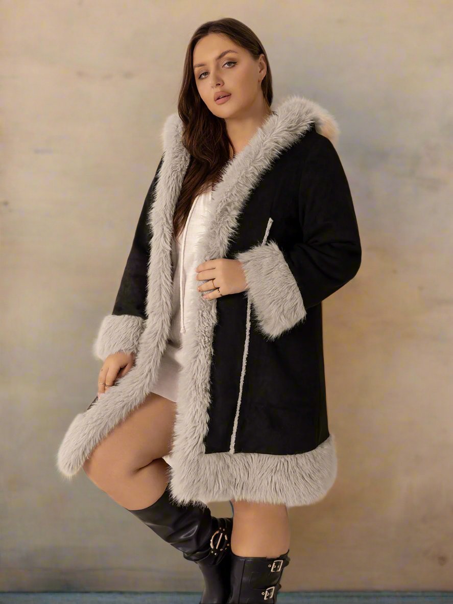 Beach Rose Co. - Plus Size Black Faux Fur Trim Hooded Coat