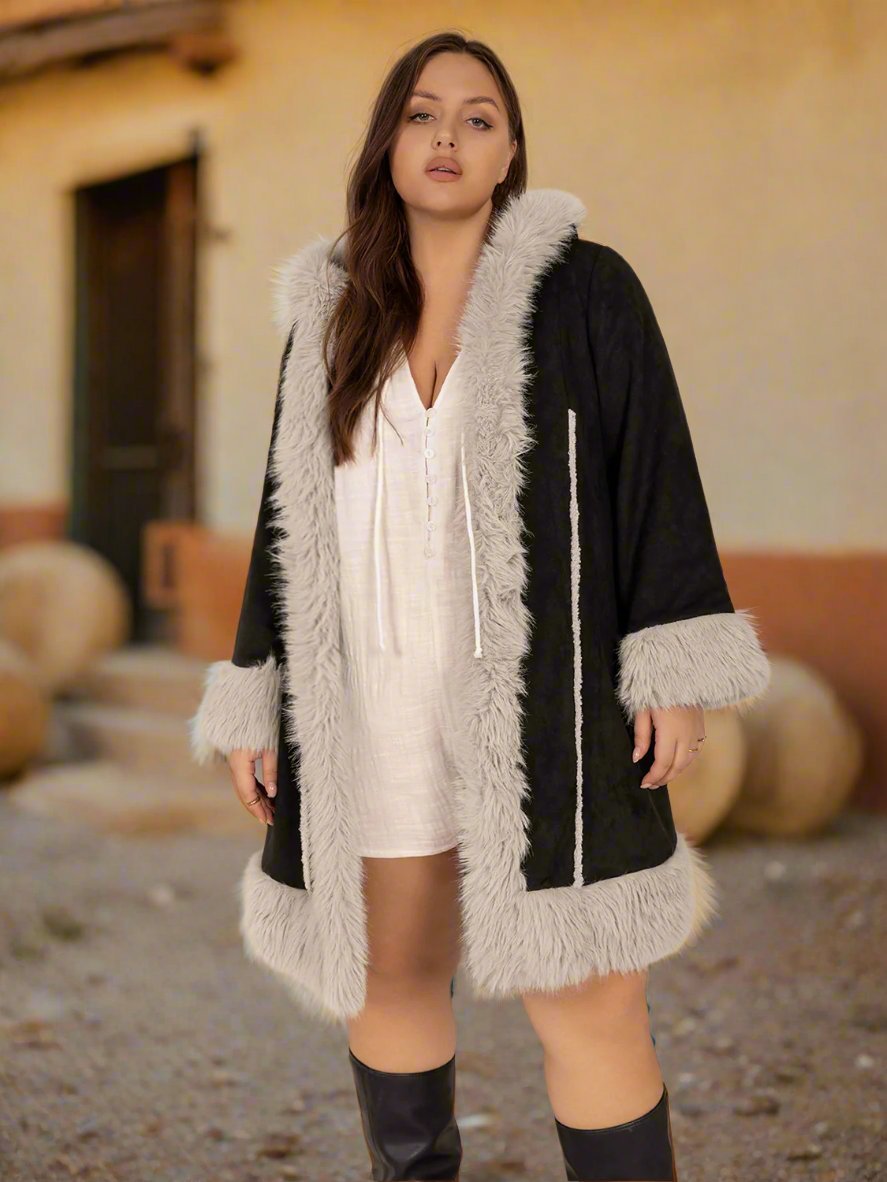 Beach Rose Co. - Plus Size Black Faux Fur Trim Hooded Coat