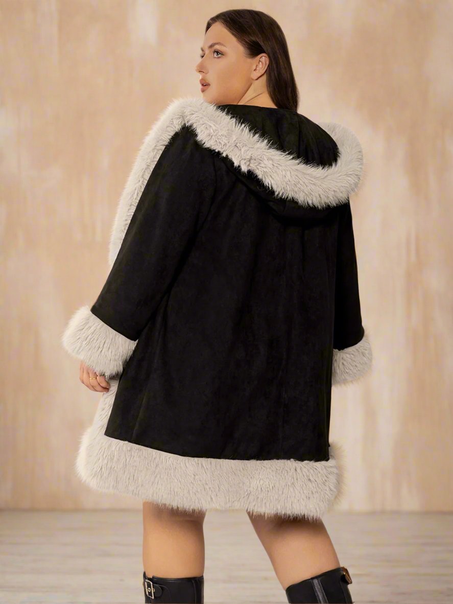 Beach Rose Co. - Plus Size Black Faux Fur Trim Hooded Coat