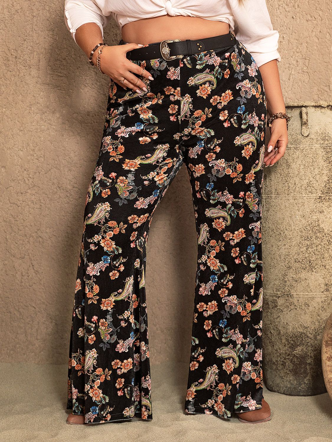 Beach Rose Co. - Plus Size Black Floral Print Flare Leg Pants