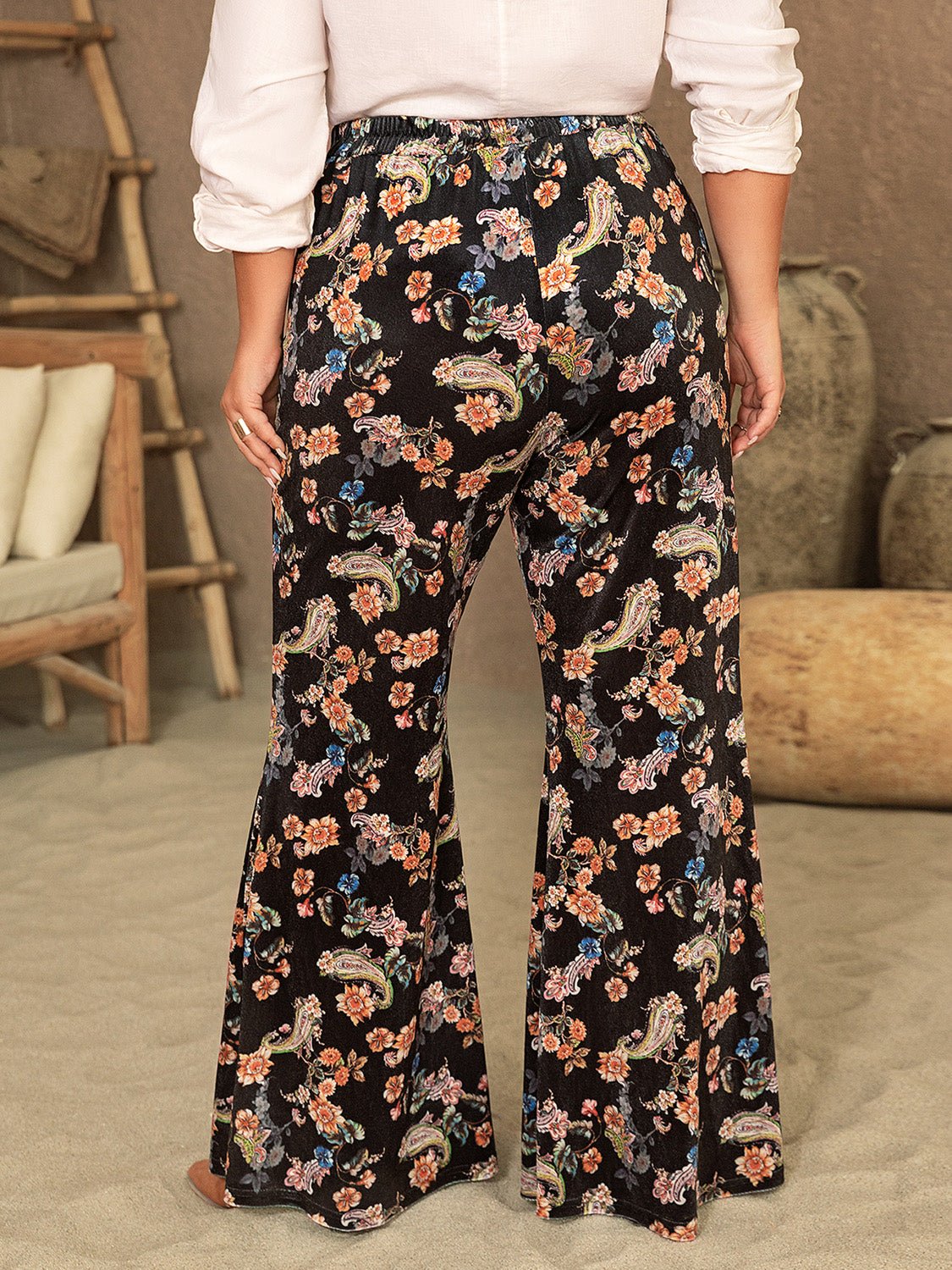 Beach Rose Co. - Plus Size Black Floral Print Flare Leg Pants