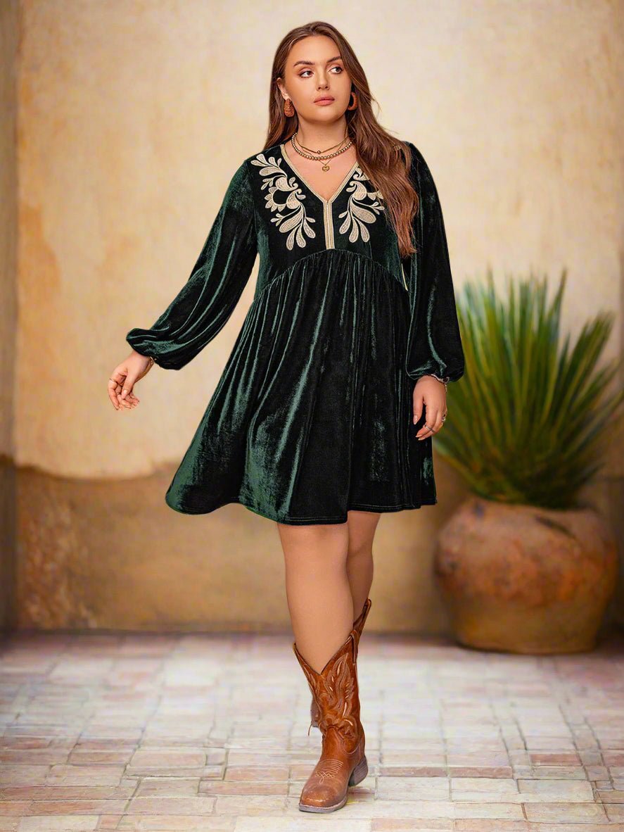 Beach Rose Co. - Plus Size Black Forest Embroidered Velvet Mini Dress