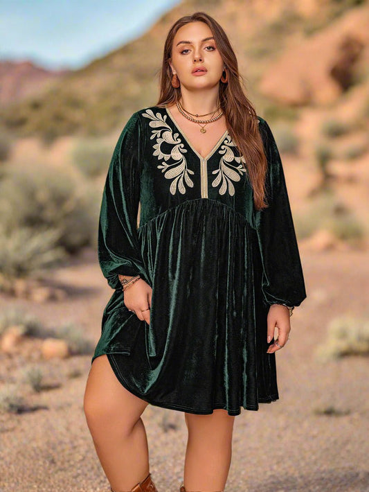 Beach Rose Co. - Plus Size Black Forest Embroidered Velvet Mini Dress