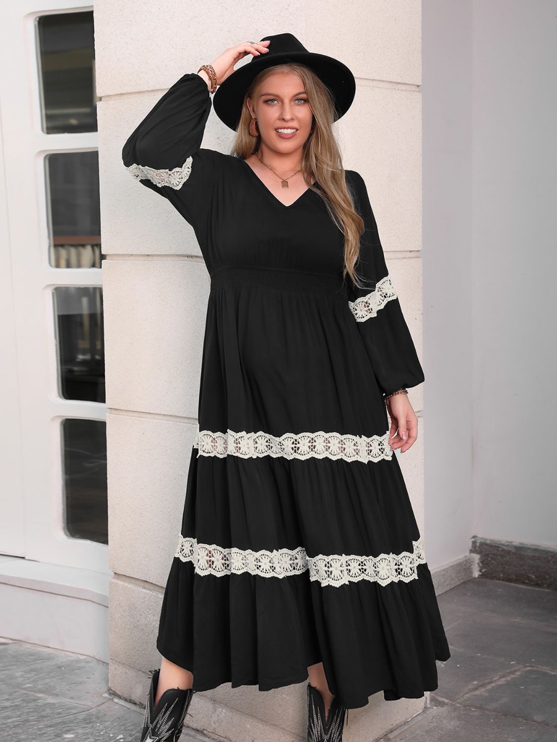 Beach Rose Co. - Plus Size Black Lace Detail Long Sleeve Midi Dress