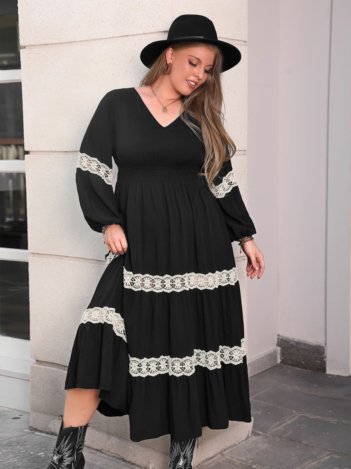 Beach Rose Co. - Plus Size Black Lace Detail Long Sleeve Midi Dress