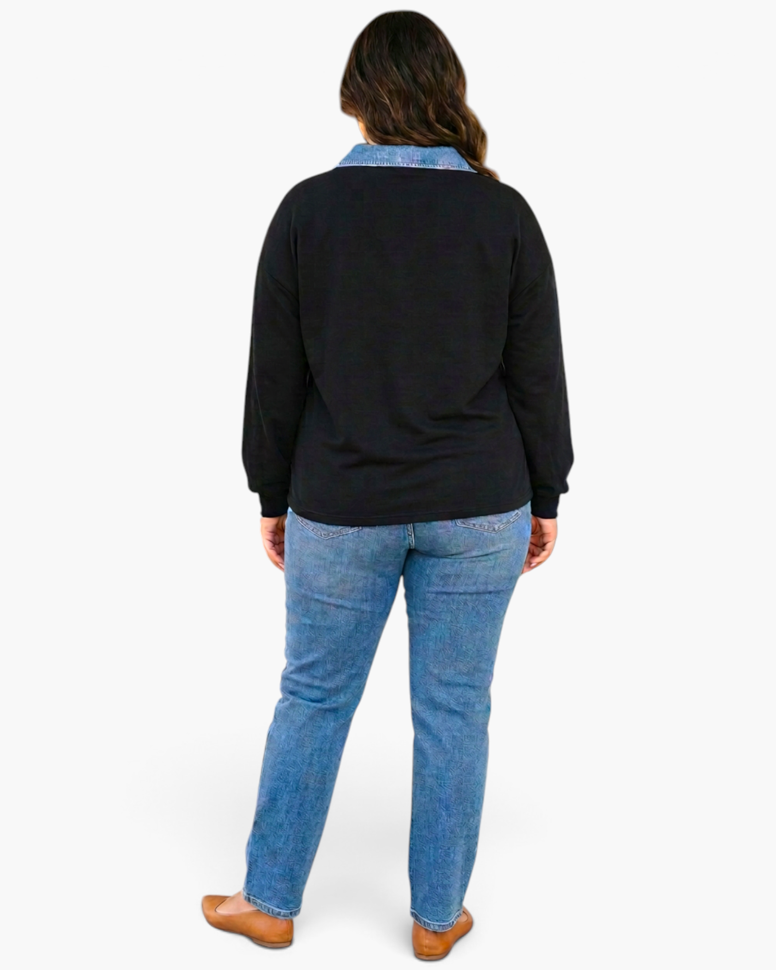 Beach Rose Co. plus size black pullover with denim collar and long sleeves worn by a model from the back view