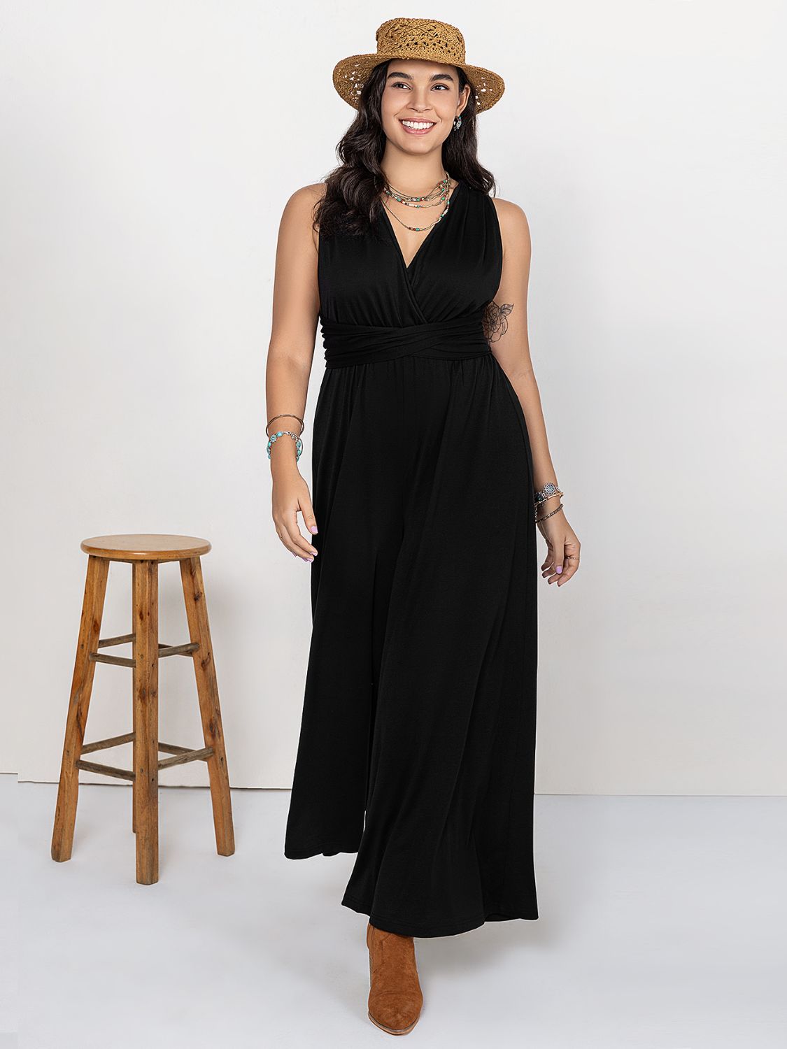 Beach Rose Co. - Plus Size Black V - Neck Wide Leg Jumpsuit