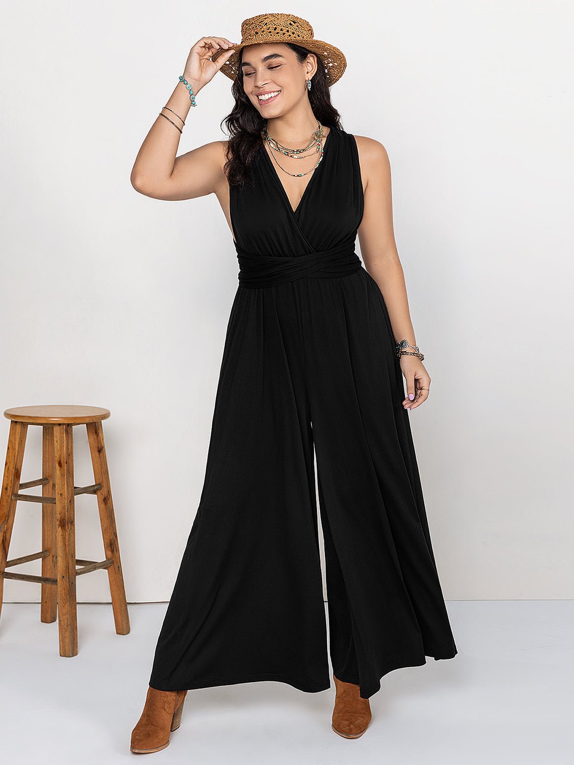 Beach Rose Co. - Plus Size Black V - Neck Wide Leg Jumpsuit