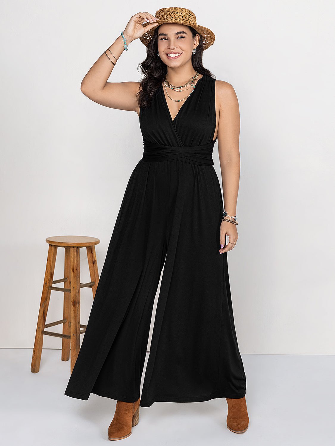 Beach Rose Co. - Plus Size Black V - Neck Wide Leg Jumpsuit