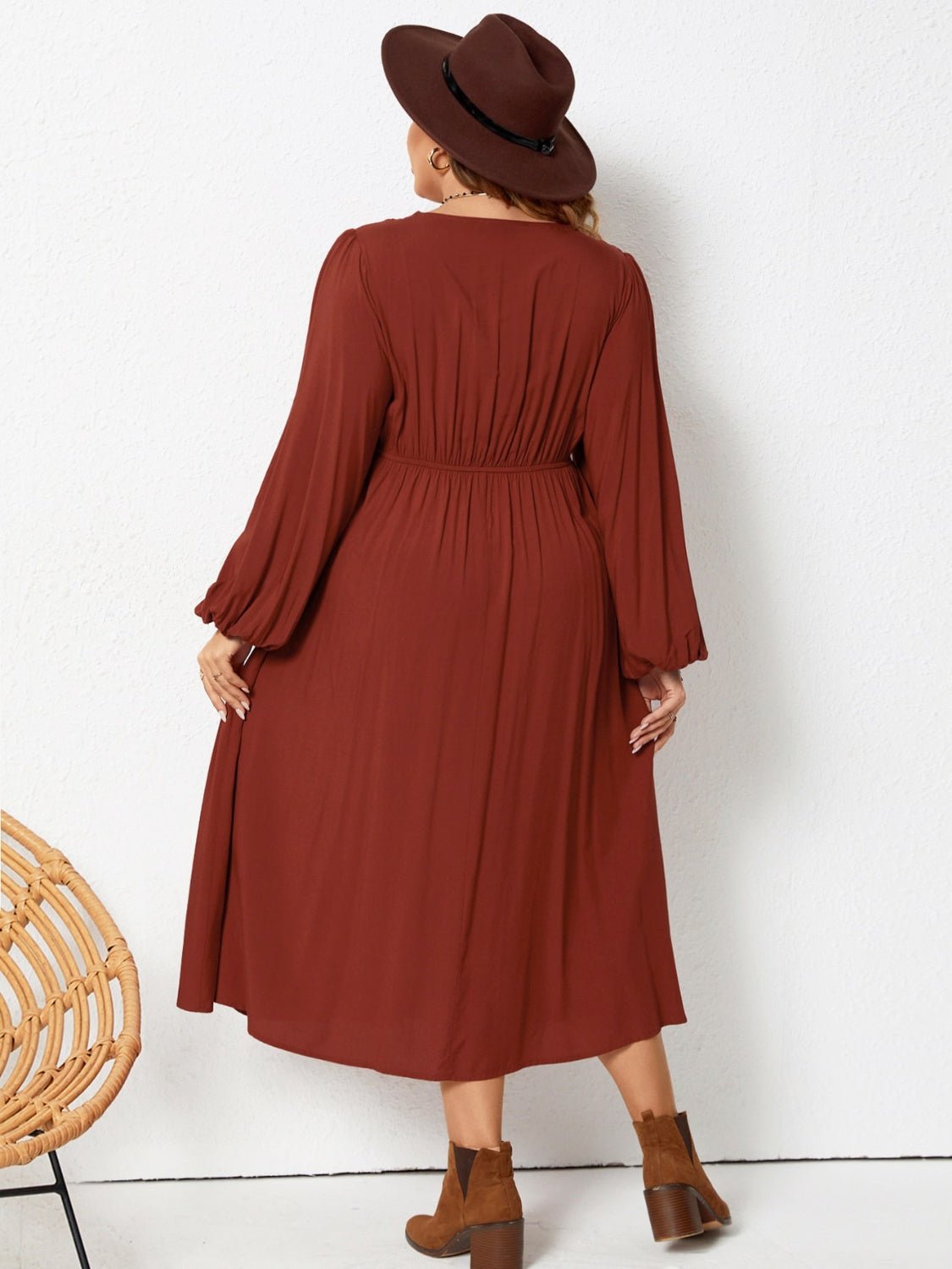 Beach Rose Co. - Plus Size Brown Lace Detail Long Sleeve Midi Dress