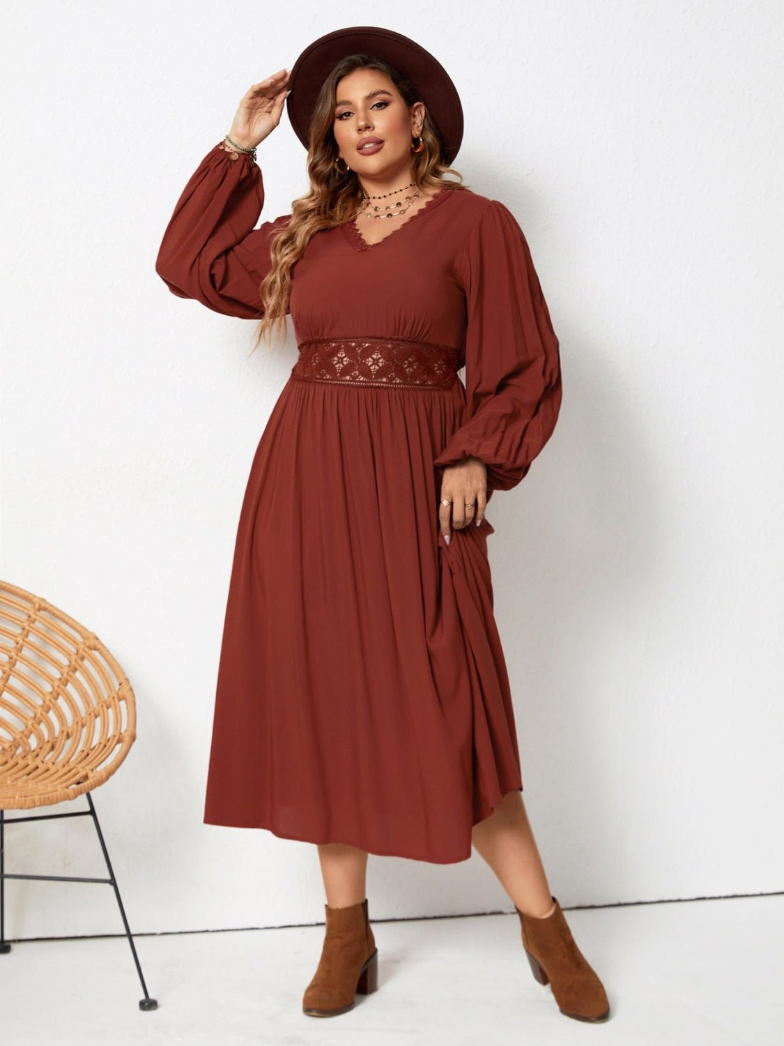 Beach Rose Co. - Plus Size Brown Lace Detail Long Sleeve Midi Dress