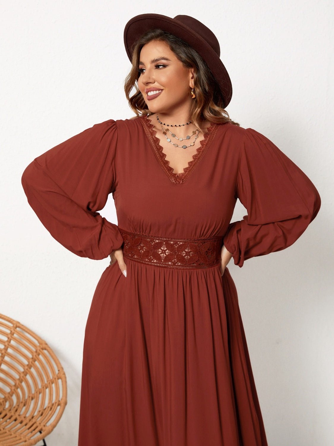 Beach Rose Co. - Plus Size Brown Lace Detail Long Sleeve Midi Dress