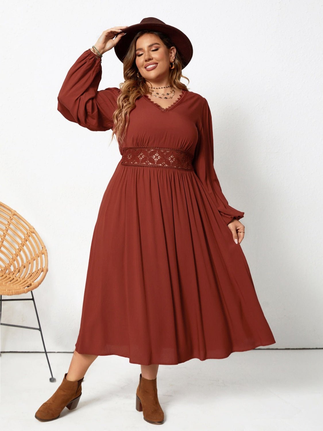 Beach Rose Co. - Plus Size Brown Lace Detail Long Sleeve Midi Dress