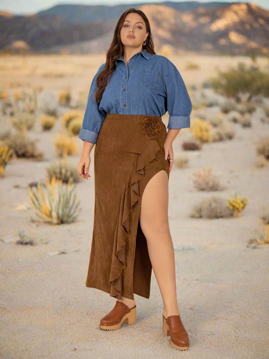 Beach Rose Co. - Plus Size Brown Ruffled High Rise Midi Skirt