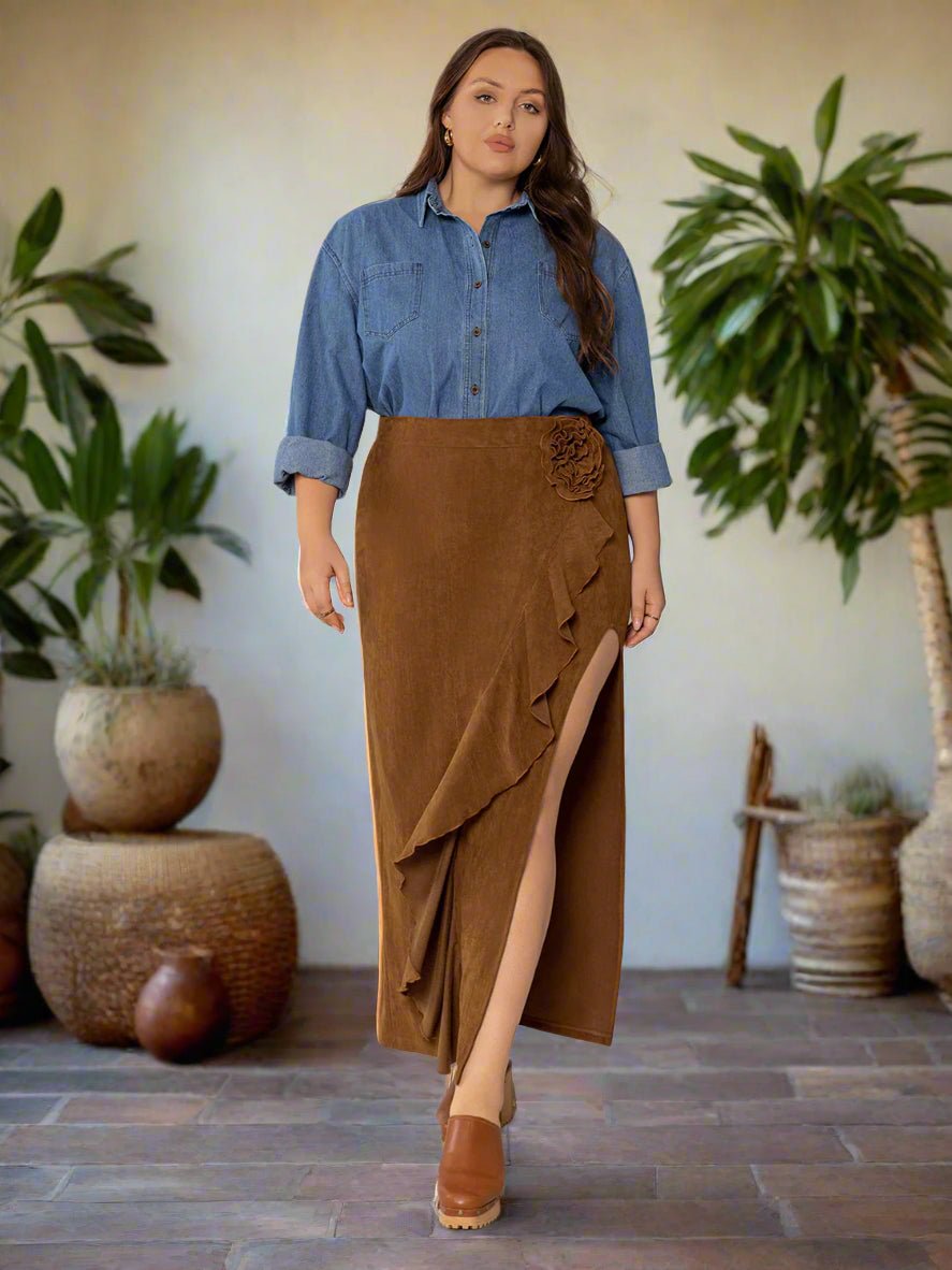 Beach Rose Co. - Plus Size Brown Ruffled High Rise Midi Skirt