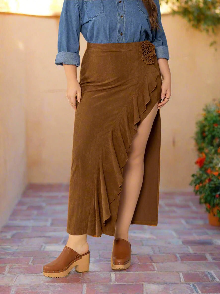 Beach Rose Co. - Plus Size Brown Ruffled High Rise Midi Skirt