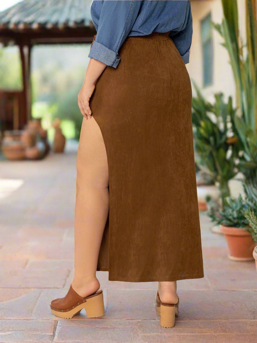 Beach Rose Co. - Plus Size Brown Ruffled High Rise Midi Skirt