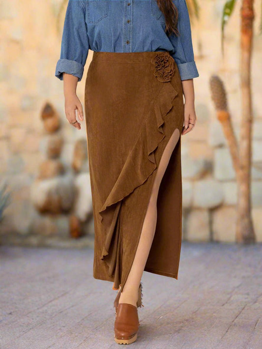 Beach Rose Co. - Plus Size Brown Ruffled High Rise Midi Skirt