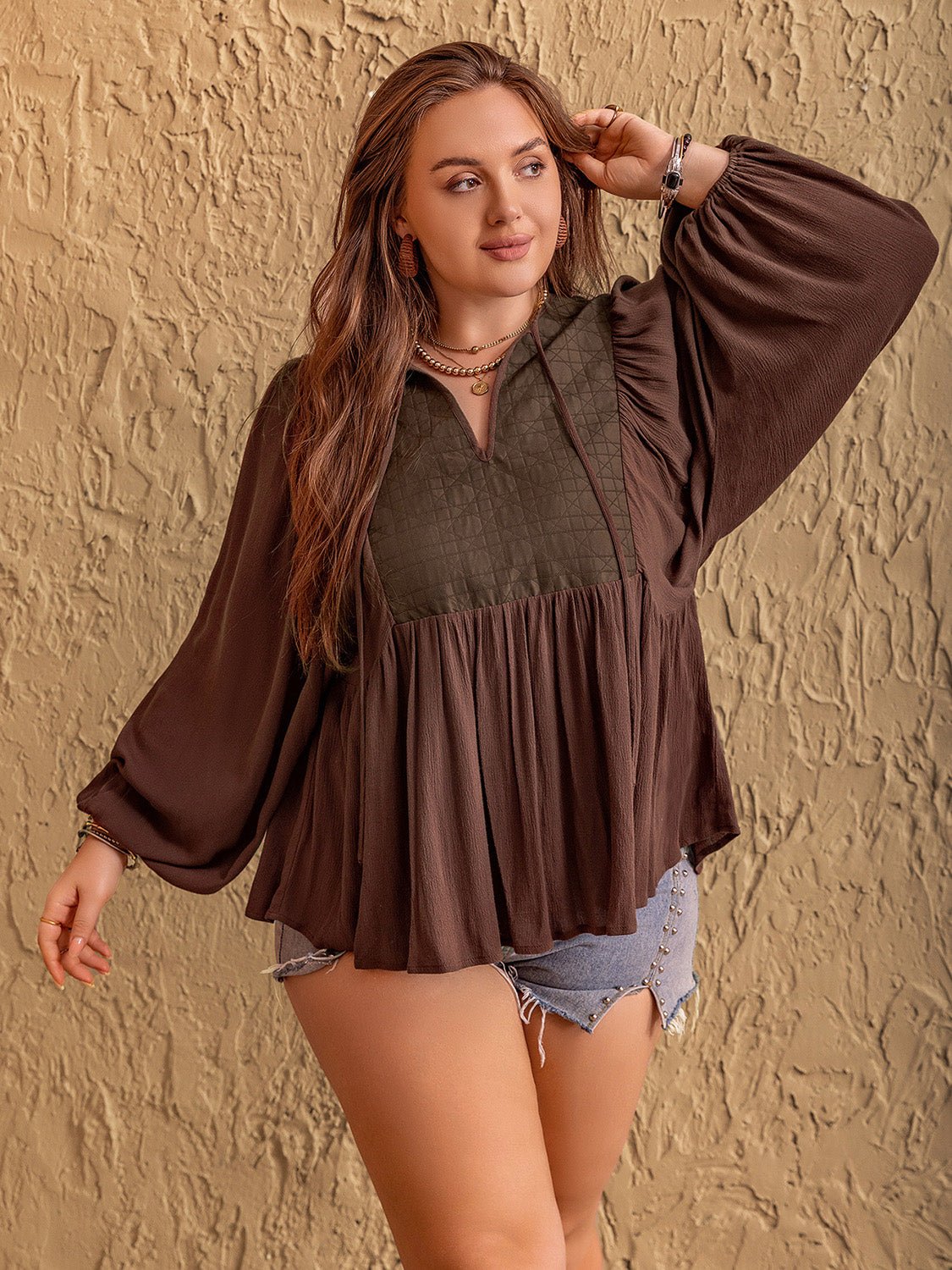 Beach Rose Co. - Plus Size Brown Tie Neck Balloon Sleeve Blouse