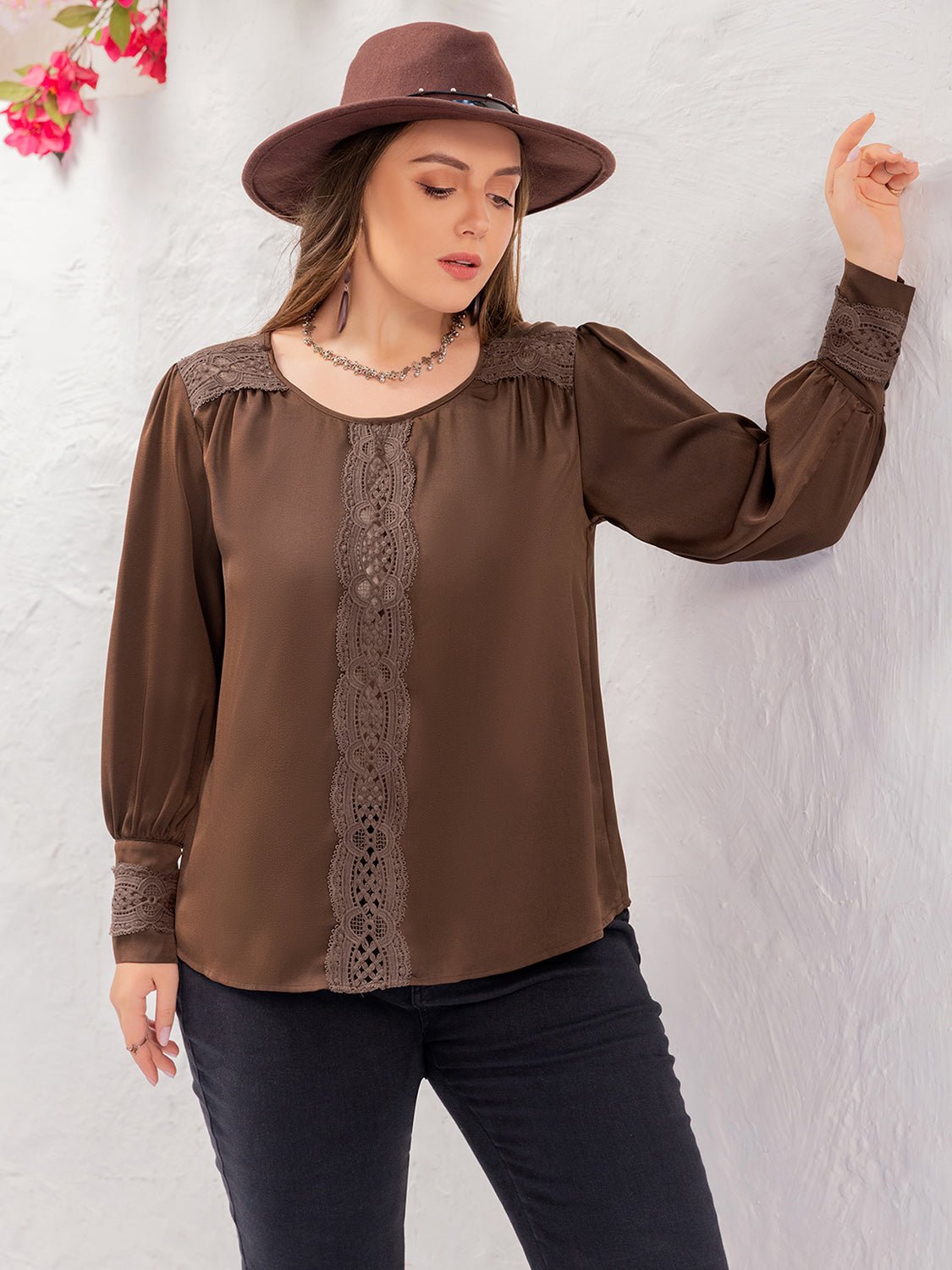 Beach Rose Co. - Plus Size Coffee Brown Lace Detail Blouse