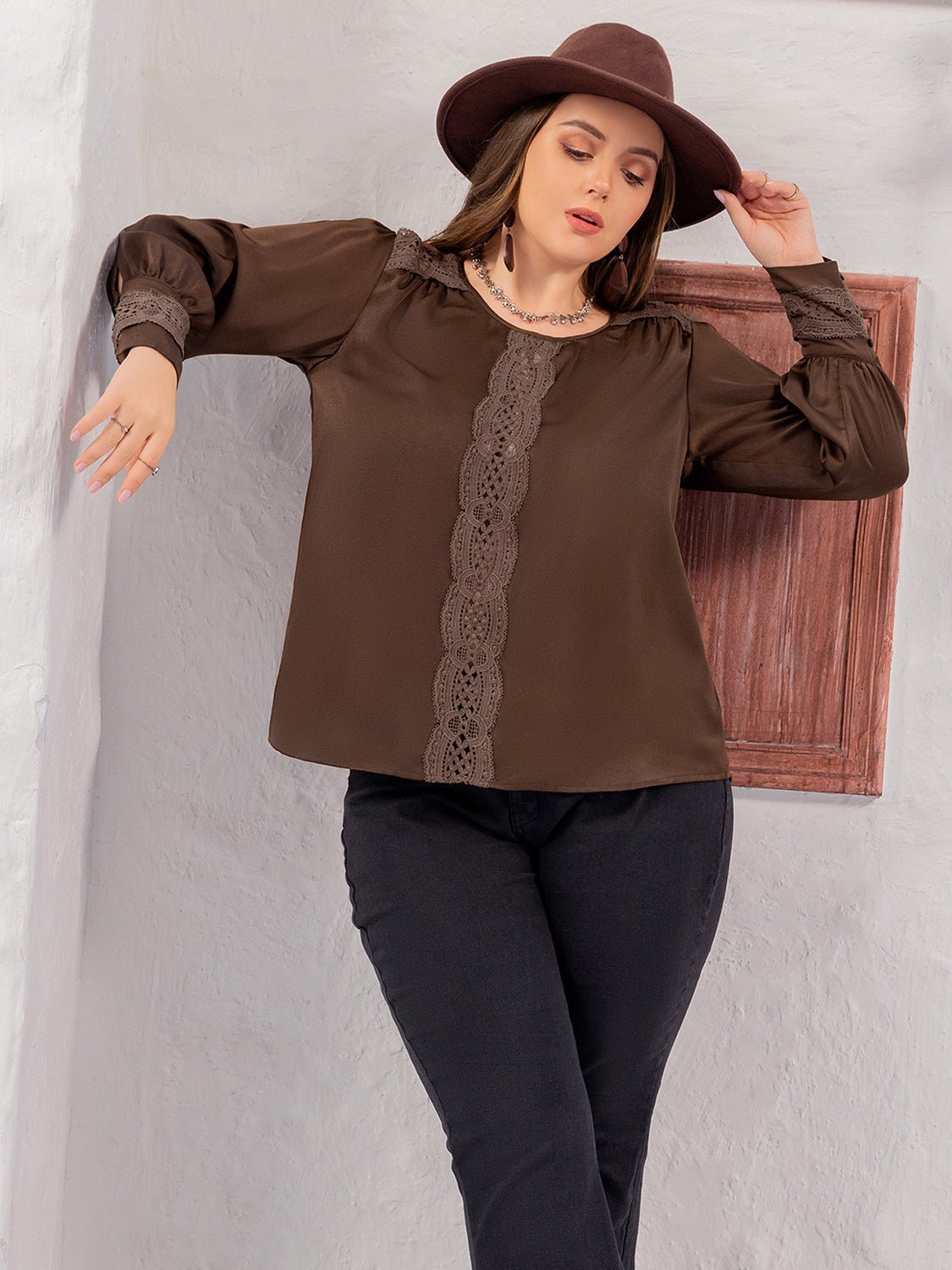 Beach Rose Co. - Plus Size Coffee Brown Lace Detail Blouse