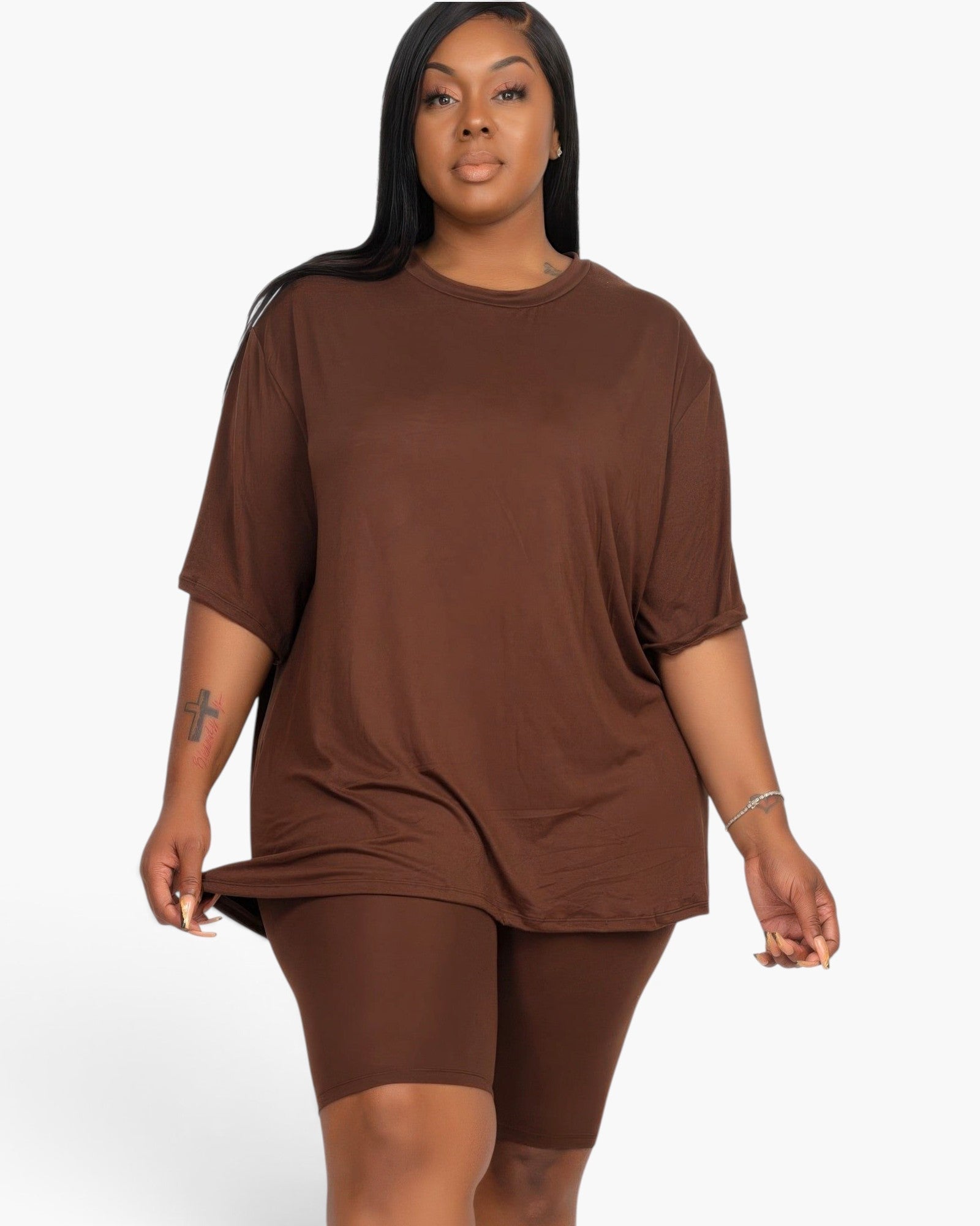 Beach Rose Co. plus size brown loose fit jersey top and matching biker shorts set on a model