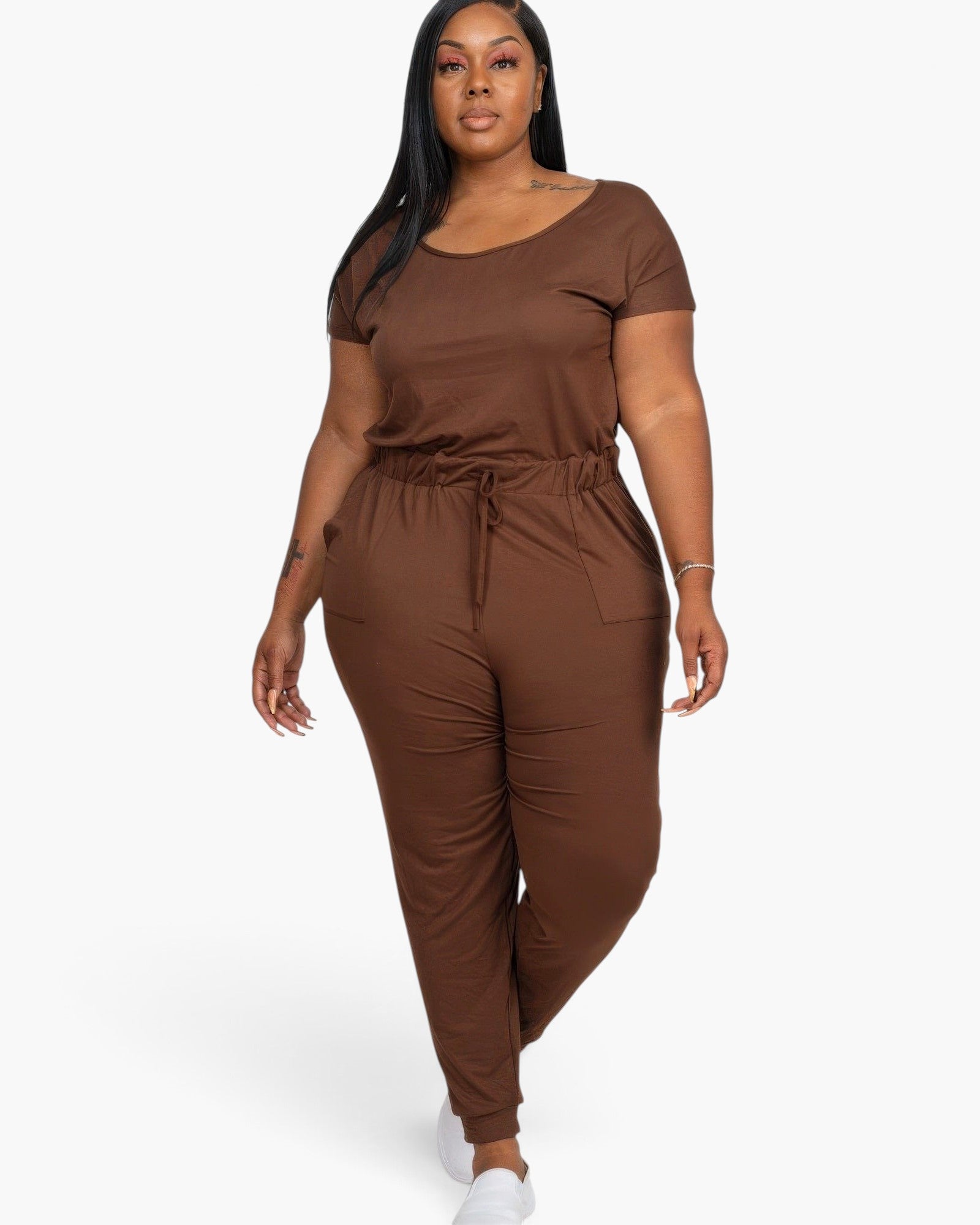 Beach Rose Co. plus size coffee brown short sleeve jumpsuit with a drawstring waist in soft stretch jersey fabric