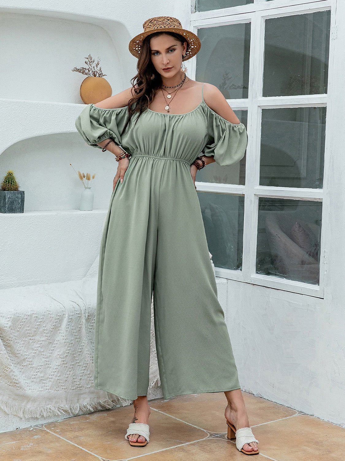 Beach Rose Co. - Plus Size Cold Shoulder Wide Leg Jumpsuit in Sage