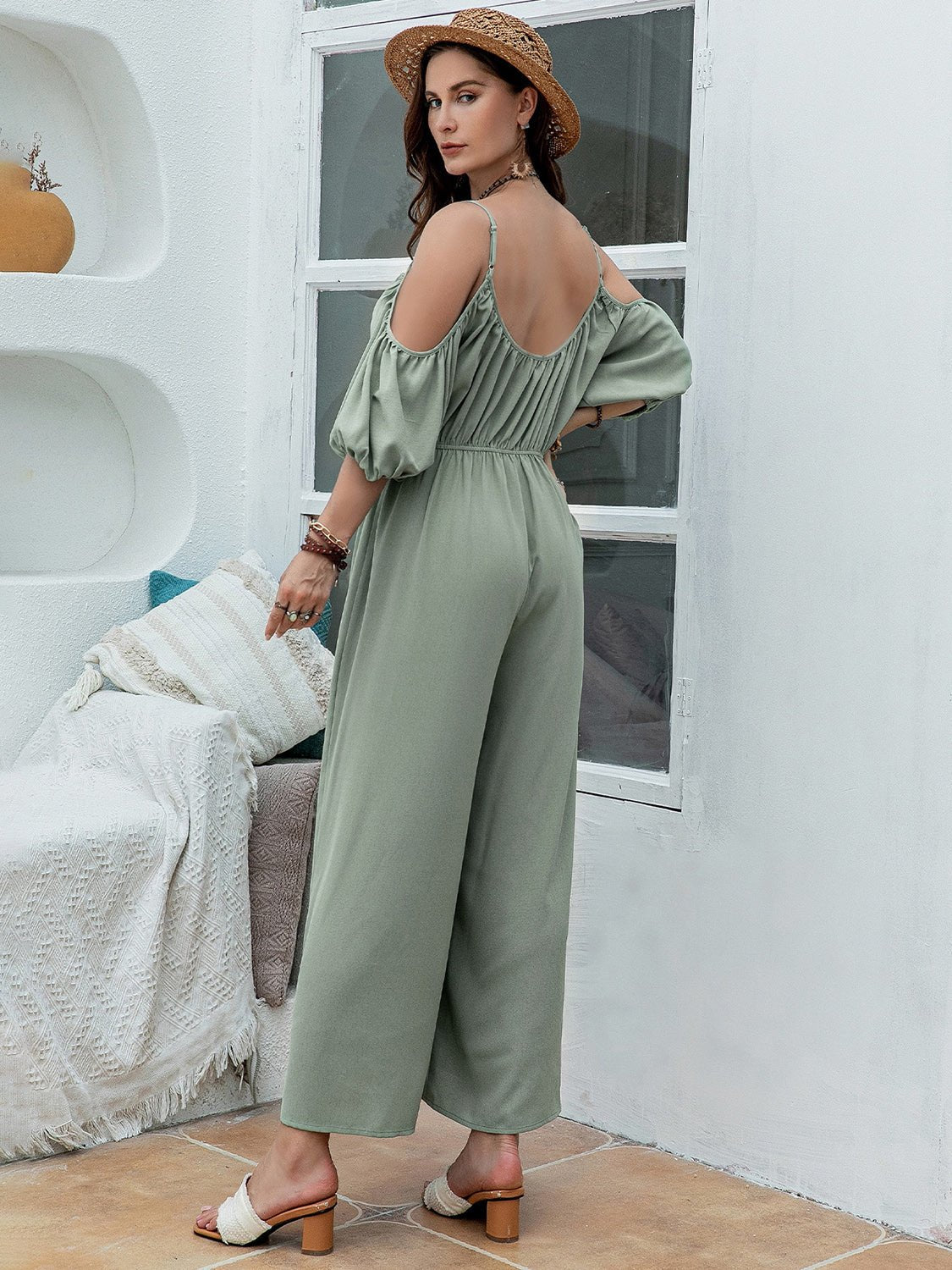 Beach Rose Co. - Plus Size Cold Shoulder Wide Leg Jumpsuit in Sage