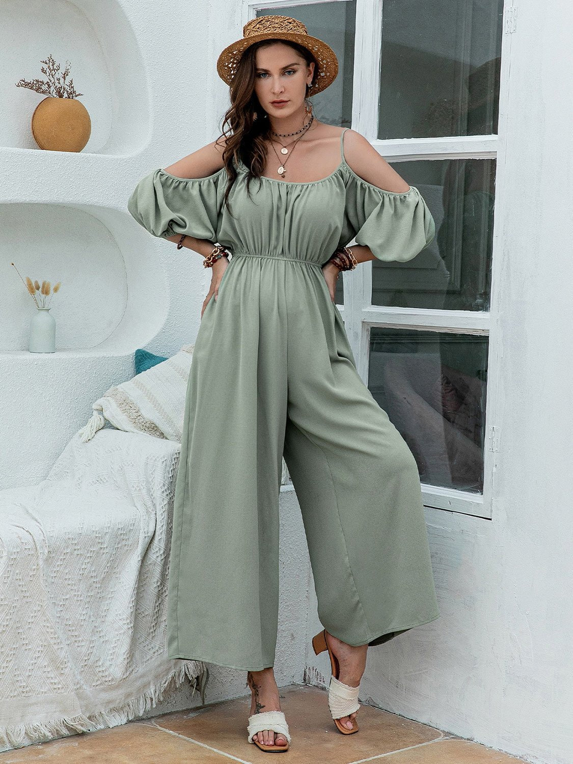 Beach Rose Co. - Plus Size Cold Shoulder Wide Leg Jumpsuit in Sage