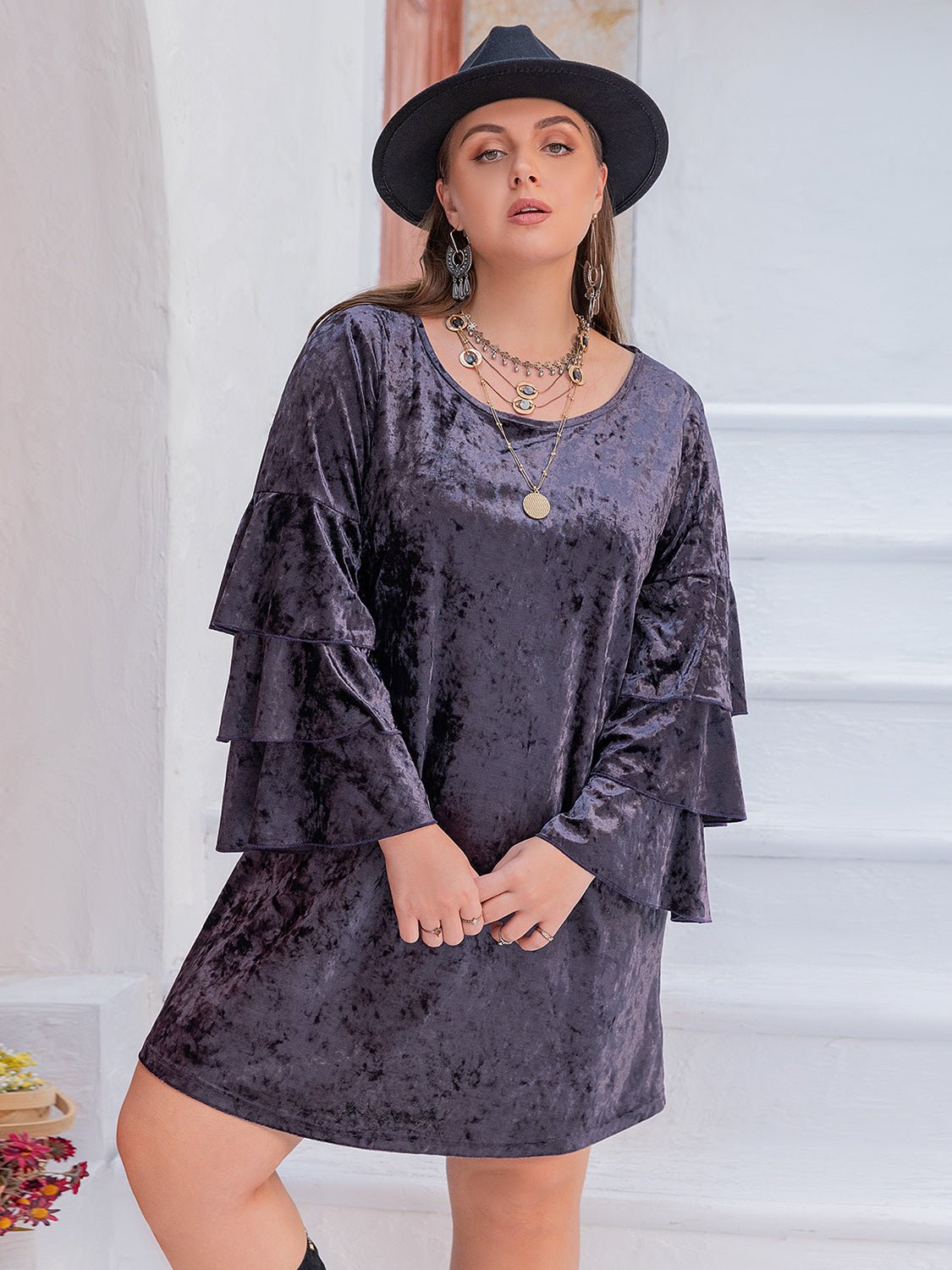 Beach Rose Co. - Plus Size Crushed Velvet Flounce Sleeve Mini Dress in Mauve