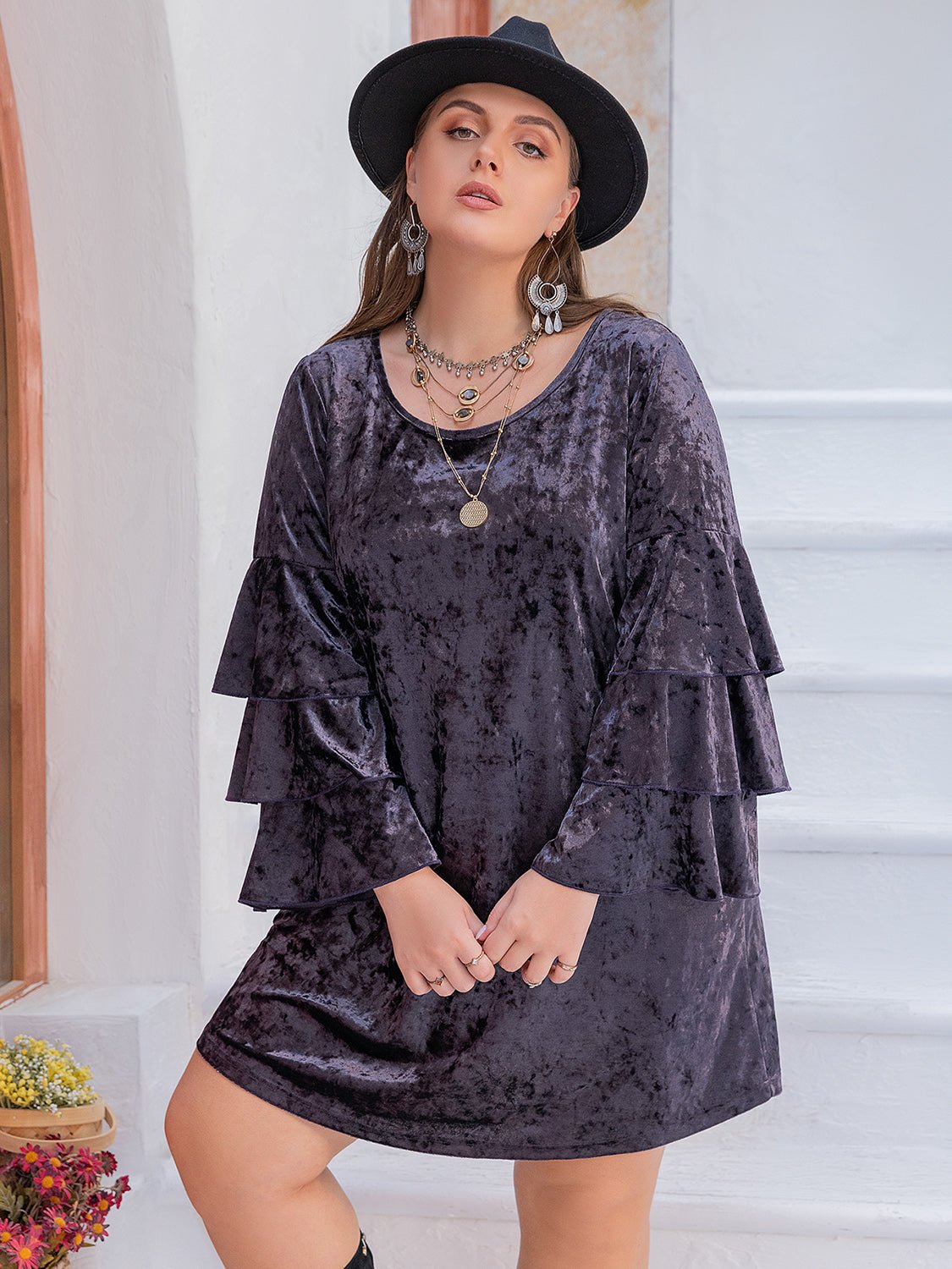 Beach Rose Co. - Plus Size Crushed Velvet Flounce Sleeve Mini Dress in Mauve