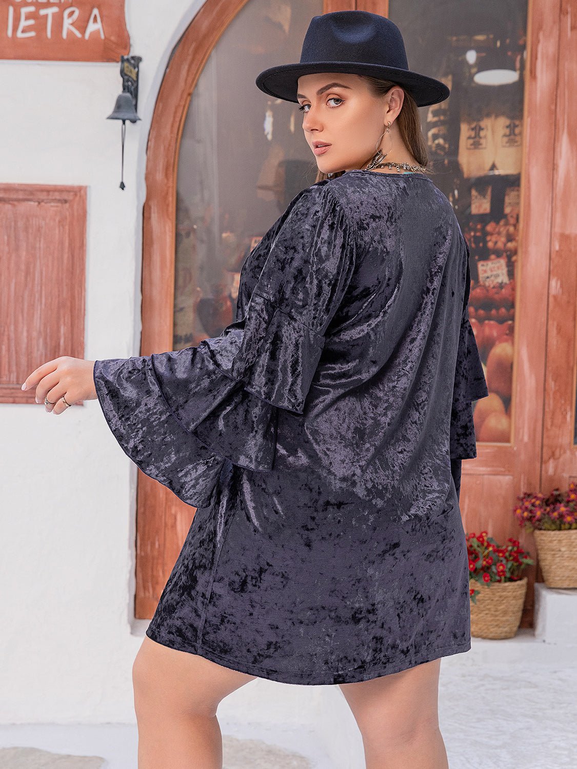 Beach Rose Co. - Plus Size Crushed Velvet Flounce Sleeve Mini Dress in Mauve