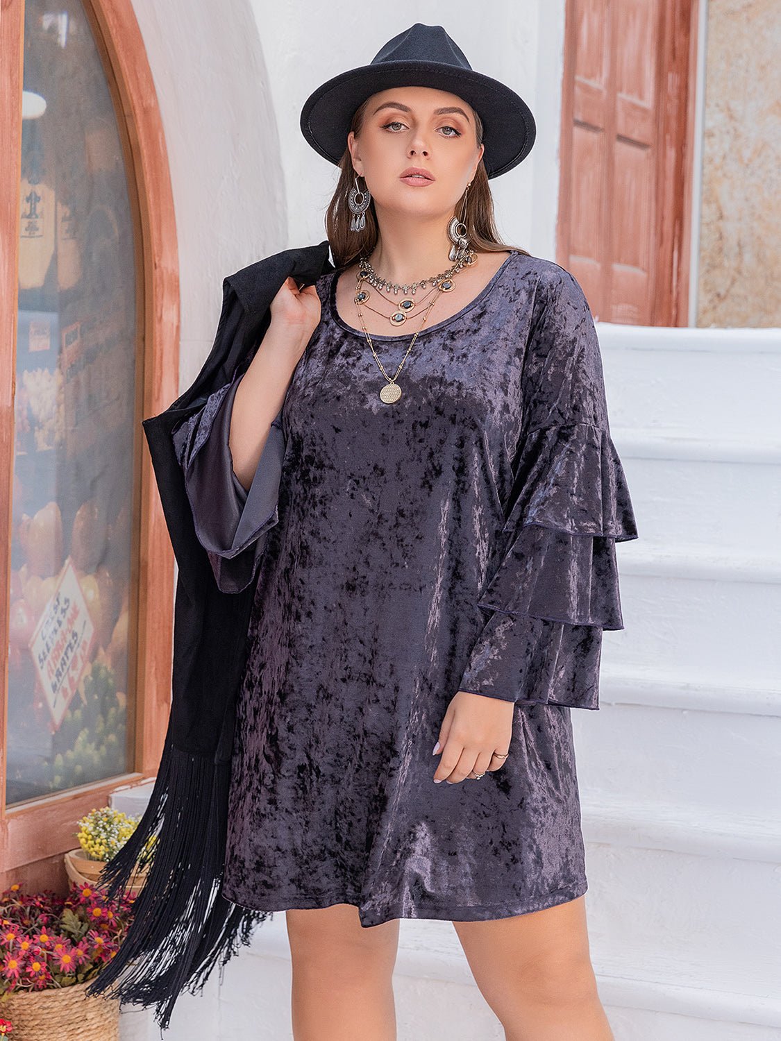 Beach Rose Co. - Plus Size Crushed Velvet Flounce Sleeve Mini Dress in Mauve