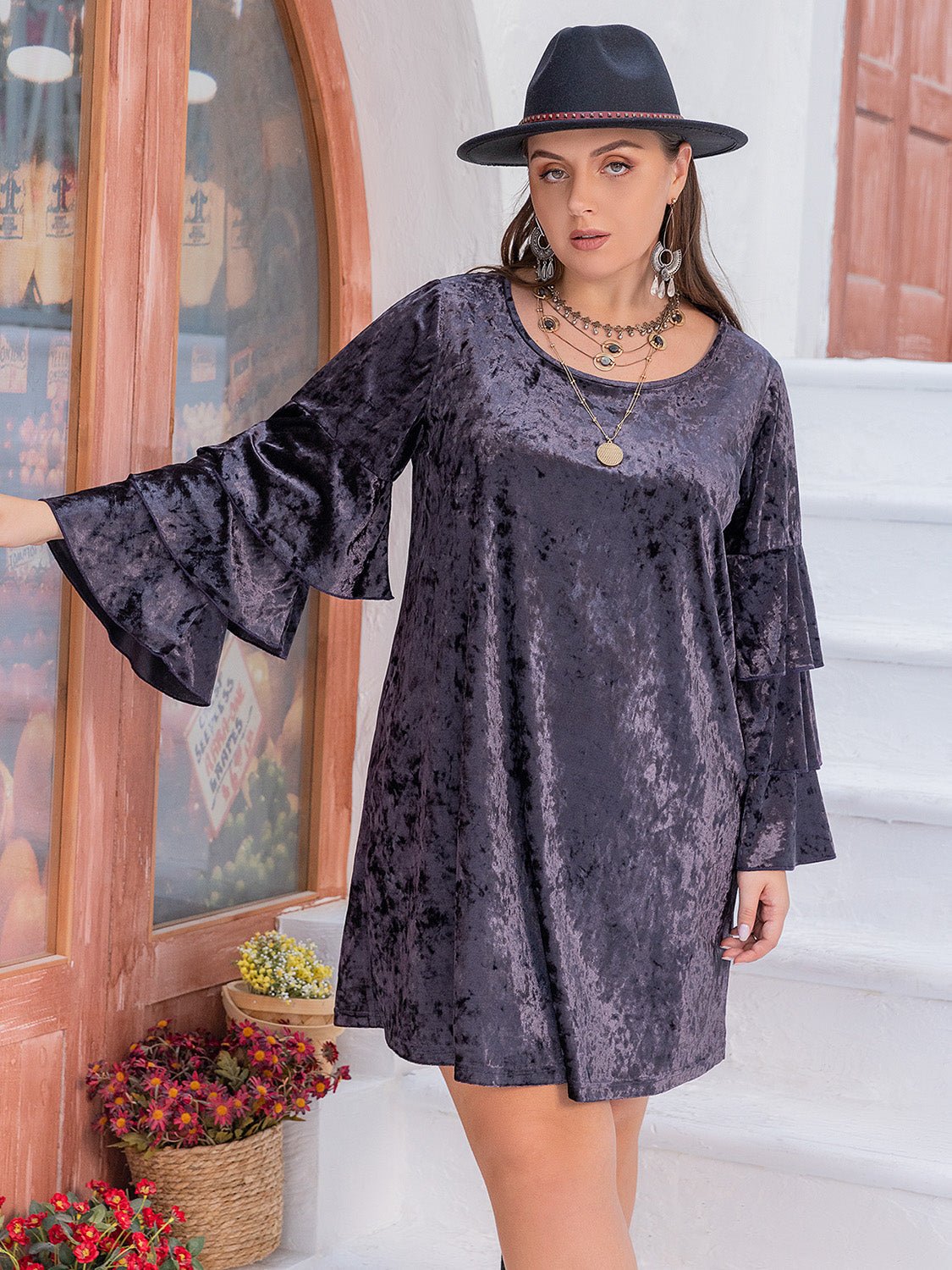 Beach Rose Co. - Plus Size Crushed Velvet Flounce Sleeve Mini Dress in Mauve